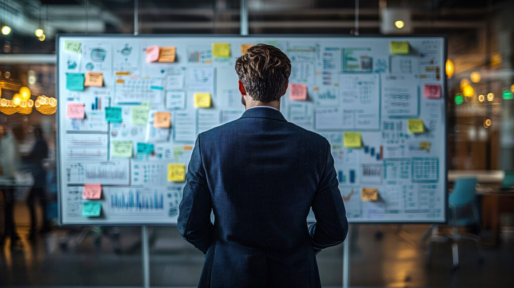 Professionnel devant un tableau de notes pour clarifier ses décisions